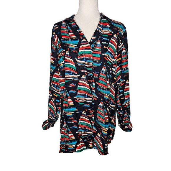 Soft Surroundings Size Large Multicolor Sailboat on Navy Blue Long Sleeve Shirt - Picture 1 of 11